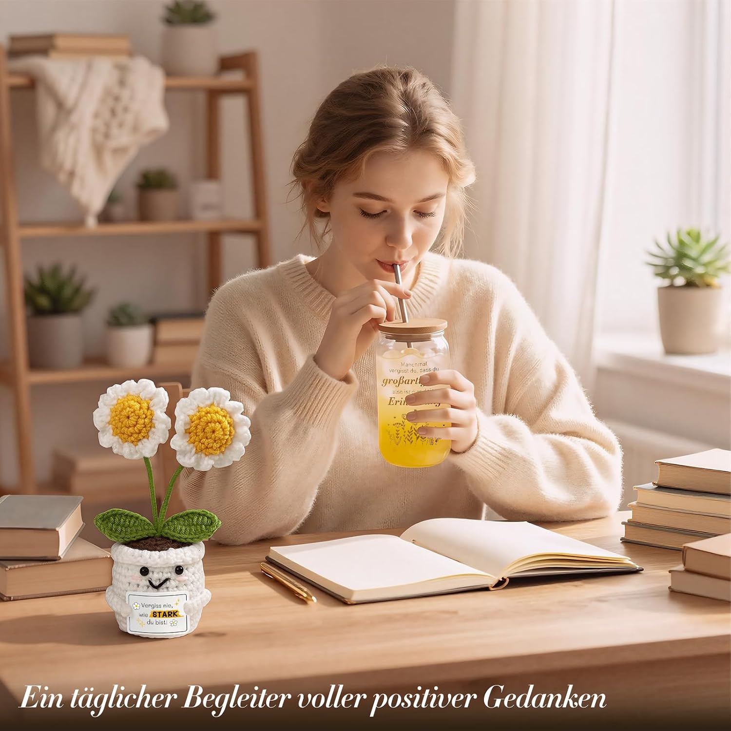 Gift Set for Women - 500 ml Glass Drinking Cup with Crochet Flower, Greeting Card & Gift Box - Inspirational Motivational Gift for New Beginnings & Strength – Bild 4