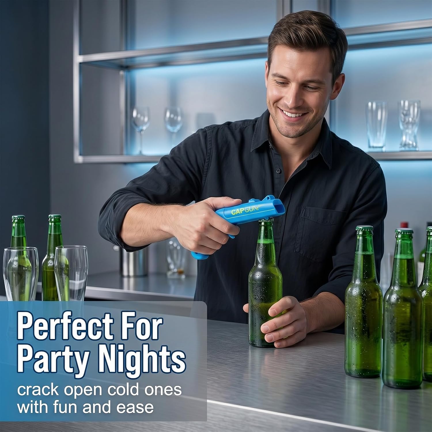 Bottle Opener Gun Set of 2 - Funny Beer Opener with Shot Function, Creative Men's Gifts for Parties & Bar, Plastic Bottle Opener Gadget for Bottle Caps, Blue & Grey – Bild 2