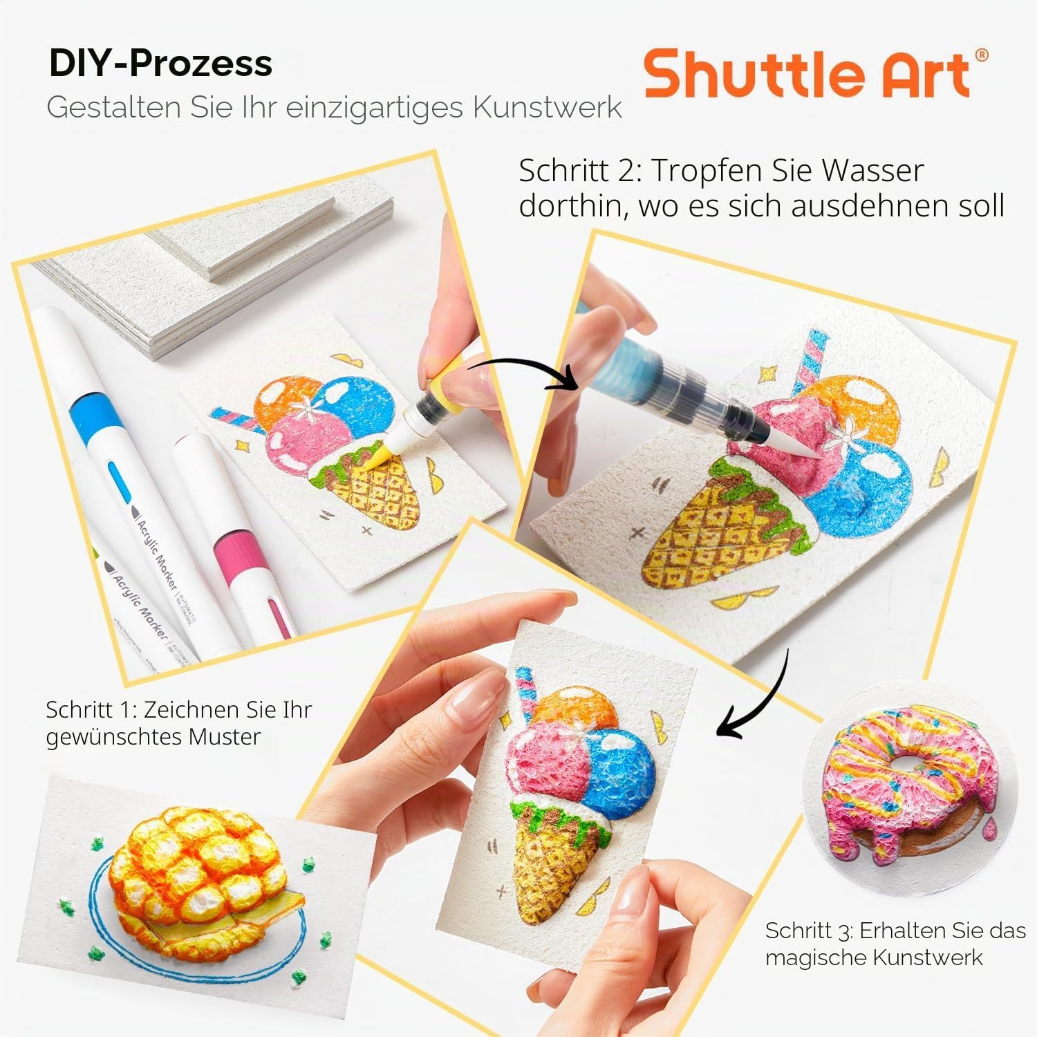 Shuttle Art 44 teiliges Schaum Textur Malset für Kinder, 3d Schaumstoff Malset mit 28 Schaumstoff Textur Malpapier, 12 Acrylstifte wasserfest, magisches Puffy Paint für Schaumtextur Malerei – Bild 3