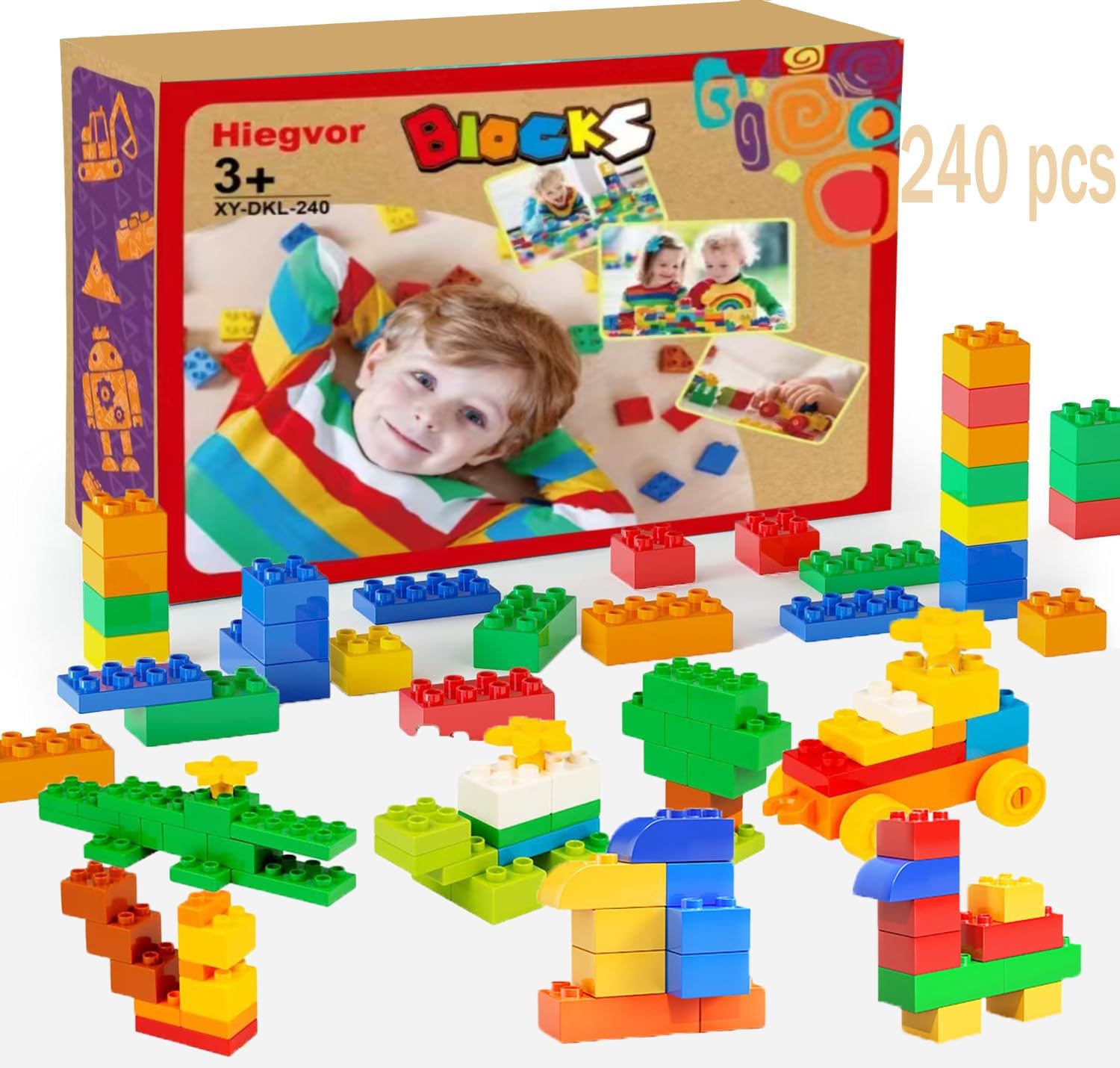 Large Building Blocks, 240 Pieces Stones in 9 Colours and 8 Sizes, Compatible - Gift for Children from 3 Years