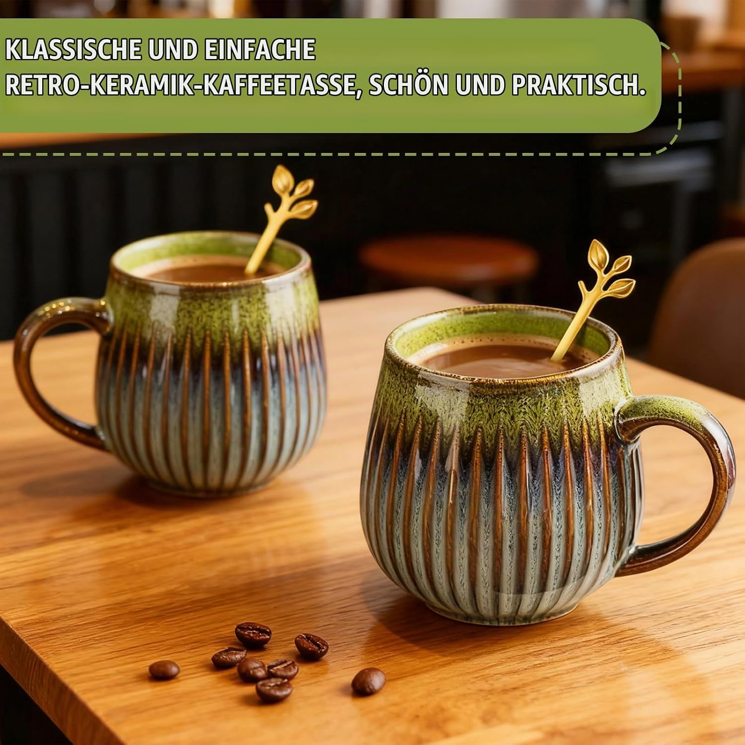 Pack of 2 Large Coffee Cups, 500 ml Ceramic Coffee Cup with Gold Leaf Spoon, Cappuccino Cups, Handmade Coffee Mug, Ceramic, Stoneware Cup, Jumbo Cup for Coffee, Milk, Tea (Ink Green) – Bild 6