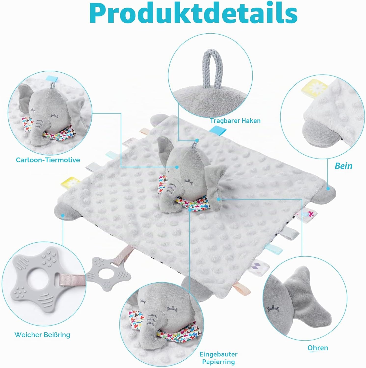 Vicloon Cuddly Blanket Elephant Cuddly Blanket with Crinkle Foil and Bell, Soft and Washable, 26 x 26 cm, Baby Cuddly Toy, Comforter for Babies from 0+ Months – Multicoloured Label – Bild 4