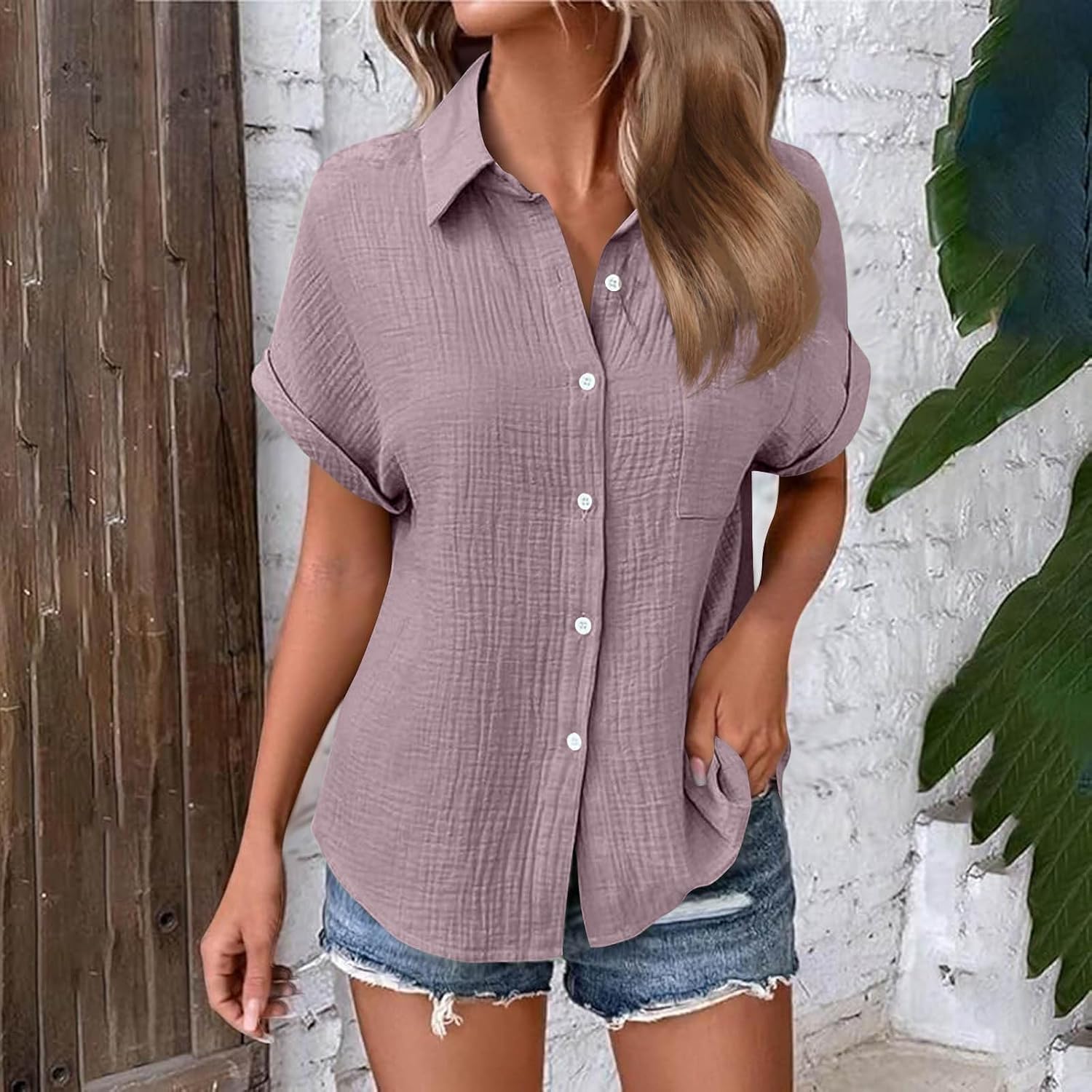 Generisch Muslin Blouse Women's Casual Short Sleeve Shirt Blouse with Button Placket Loose Top Elegant Cotton Blouse Shirt with Pocket – Bild 2