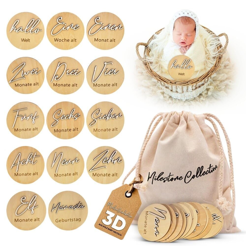 Wooden Milestone Cards Baby German – 14 Milestones on Elegant Wooden Discs with 3D Effect as a Gift in Fabric Bag Packed for Birth/Baby Shower for Pregnant Women, Expectant Mothers