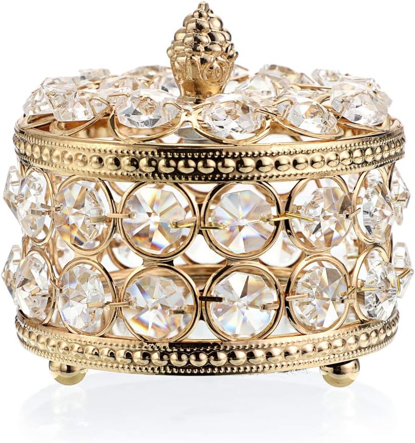 SUMTree Round Crystal Jewellery Box Lid Made of Crystal Metal Jewellery Case Jewellery Holder Jewellery Box Decoration for Living Room Bedroom Bathroom Golden Gift for Wife Girlfriend