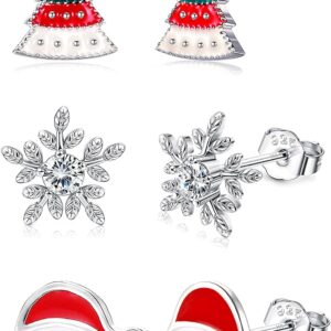 LOLIAS 3 Pairs Christmas Earrings 925 Sterling Silver Stud Earrings for Women Teen Hypoallergenic Snowman Santa Claus Christmas Tree Snowflake Earrings Christmas Thanksgiving Jewellery Gift