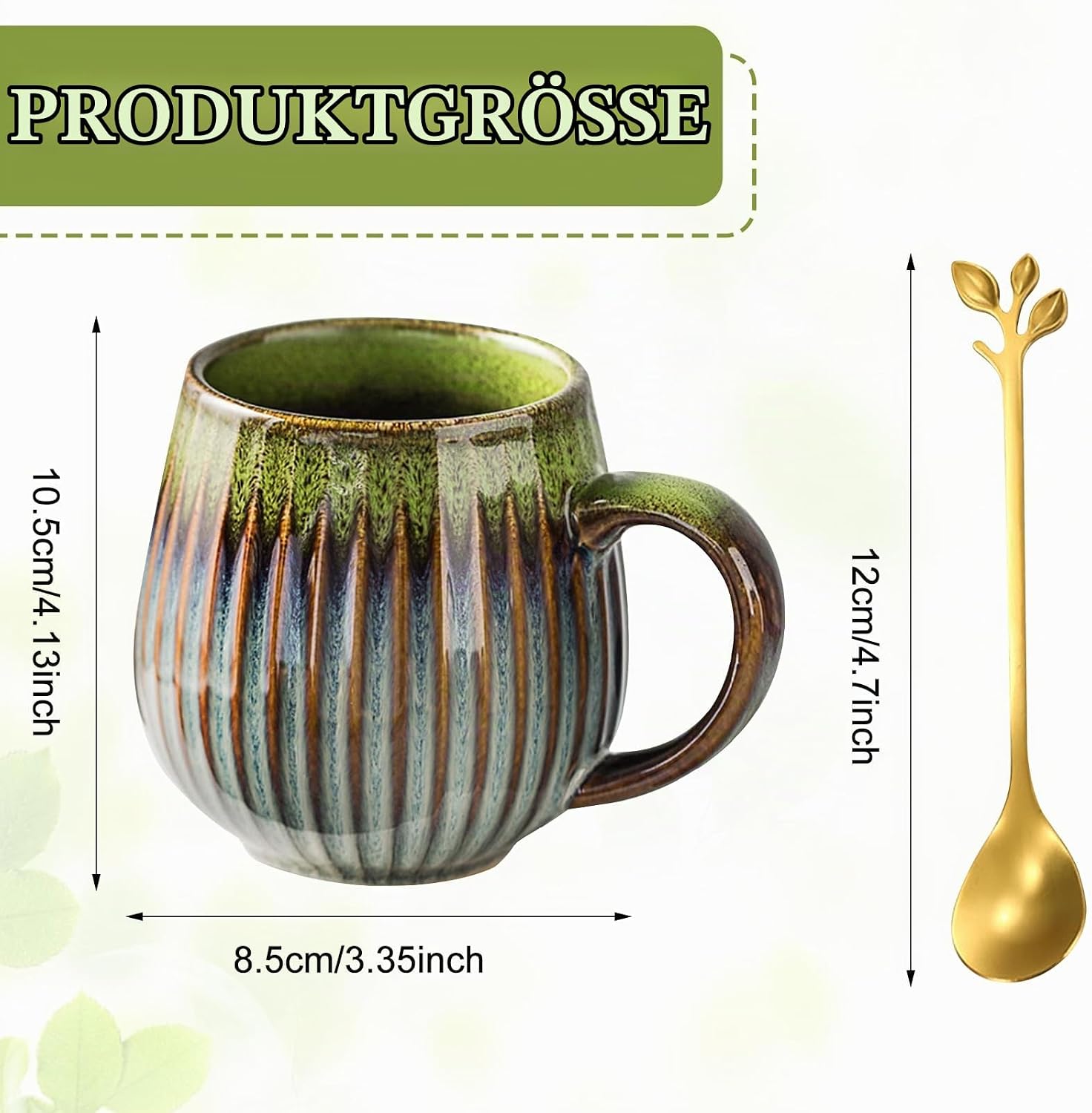 Pack of 2 Large Coffee Cups, 500 ml Ceramic Coffee Cup with Gold Leaf Spoon, Cappuccino Cups, Handmade Coffee Mug, Ceramic, Stoneware Cup, Jumbo Cup for Coffee, Milk, Tea (Ink Green) – Bild 2