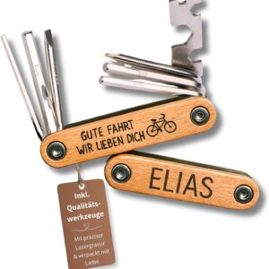Happy Box 9-in-1 Personalised Beech Wood Bicycle Multi-Tool - Engraved Tool for Dad on Father's Day - Multifunctional Tool with Name, Bicycle Accessories - Gift Cyclist (Good Ride)