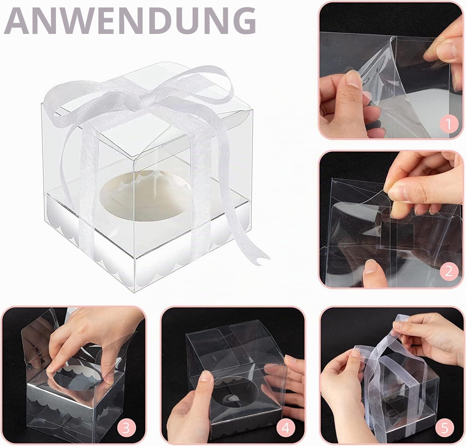 LATERN Pack of 20 Clear Cake Boxes, 9 x 9 x 11.5 cm, Transparent Gift Box with Silver Base and Ribbon for Packaging, Cakes, Macaron, Sweets, Cookies - for Wedding, Baby Shower, Party Favours – Bild 4