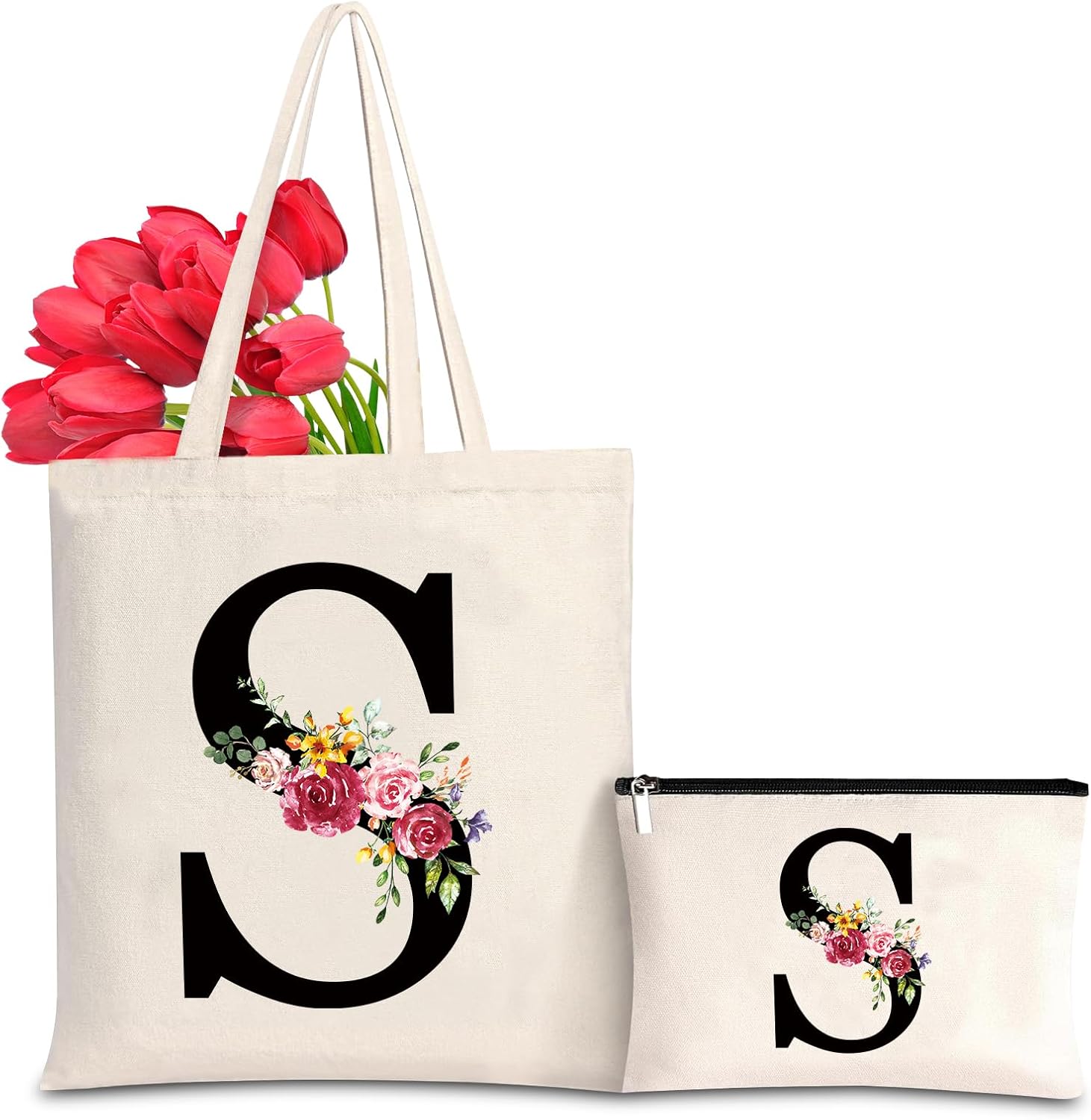Cotton Bag Personalised with Name, Women's Initials Canvas Gift Tote Bag and Cosmetic Bag for Women Girlfriend Mum Sisters Wife Birthday, Valentine's Day, Mother's Day Bag (S)