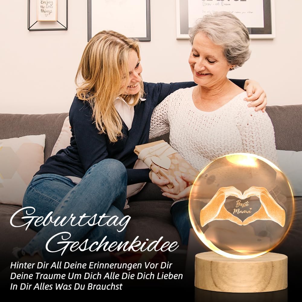 TUZELIYA Mother's Day Gift for Mum - 3D Glass Crystal with Wooden Base Engraving Heart Made of Two Hands and Text Beste Mama - Birthday Gift for Women Mother's Day Gifts – Bild 6