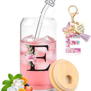 TUZELIYA E Personalised Gifts with Letters - Glass Mug with Lid & Straw + Keyring Letter, Gift for Women & Girls, Birthday, Valentine's Day & Christmas