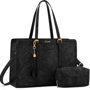 LOVEVOOK Women’s Laptop Bag, Vintage Leather Handbag with Prints, black, Contemporary