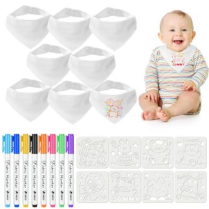 Aolso Baby Bibs for Painting, Pack of 8 White Cotton Bibs with 8 Textile Pens and Drawing Template, Waterproof Bib (40 x 29 cm) for Babies and as a Baby Shower Gift