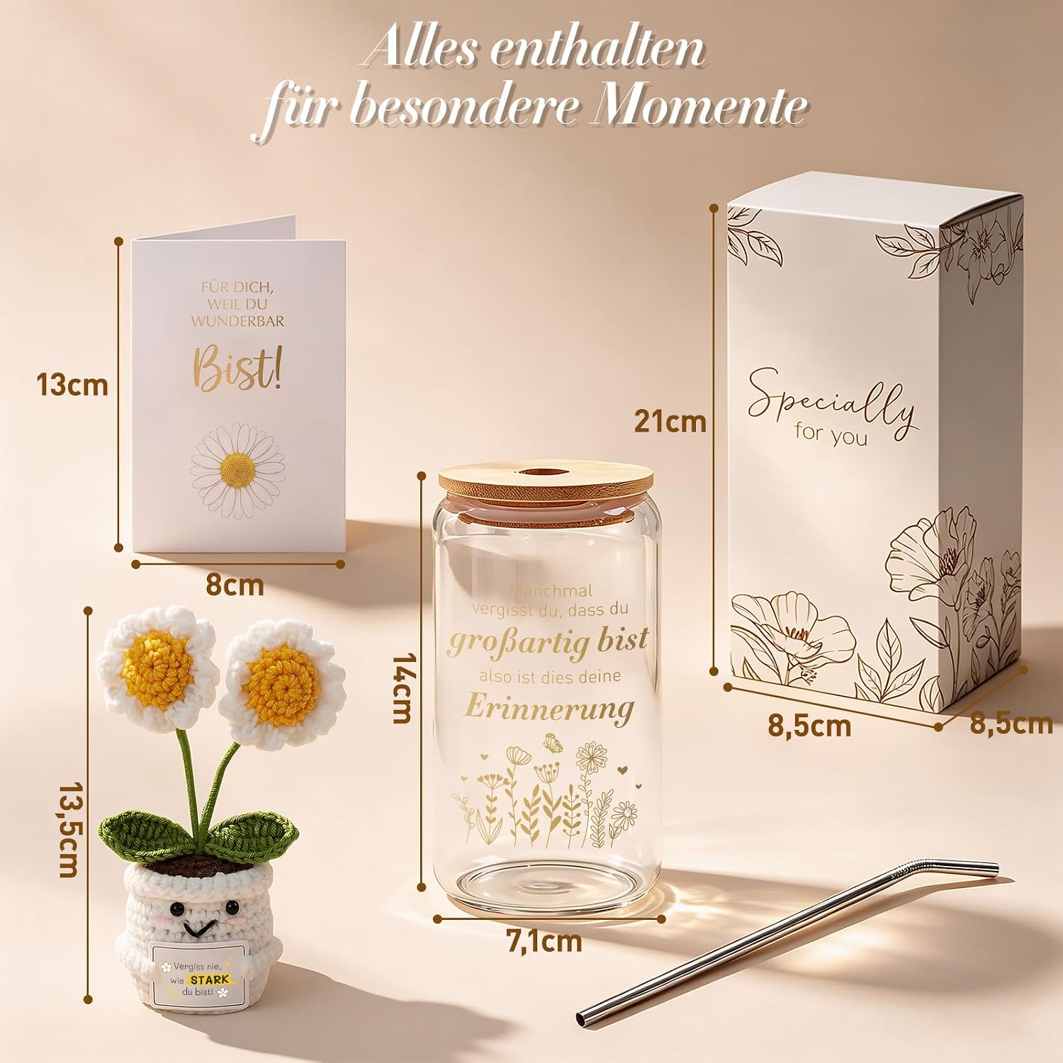 Gift Set for Women - 500 ml Glass Drinking Cup with Crochet Flower, Greeting Card & Gift Box - Inspirational Motivational Gift for New Beginnings & Strength – Bild 3
