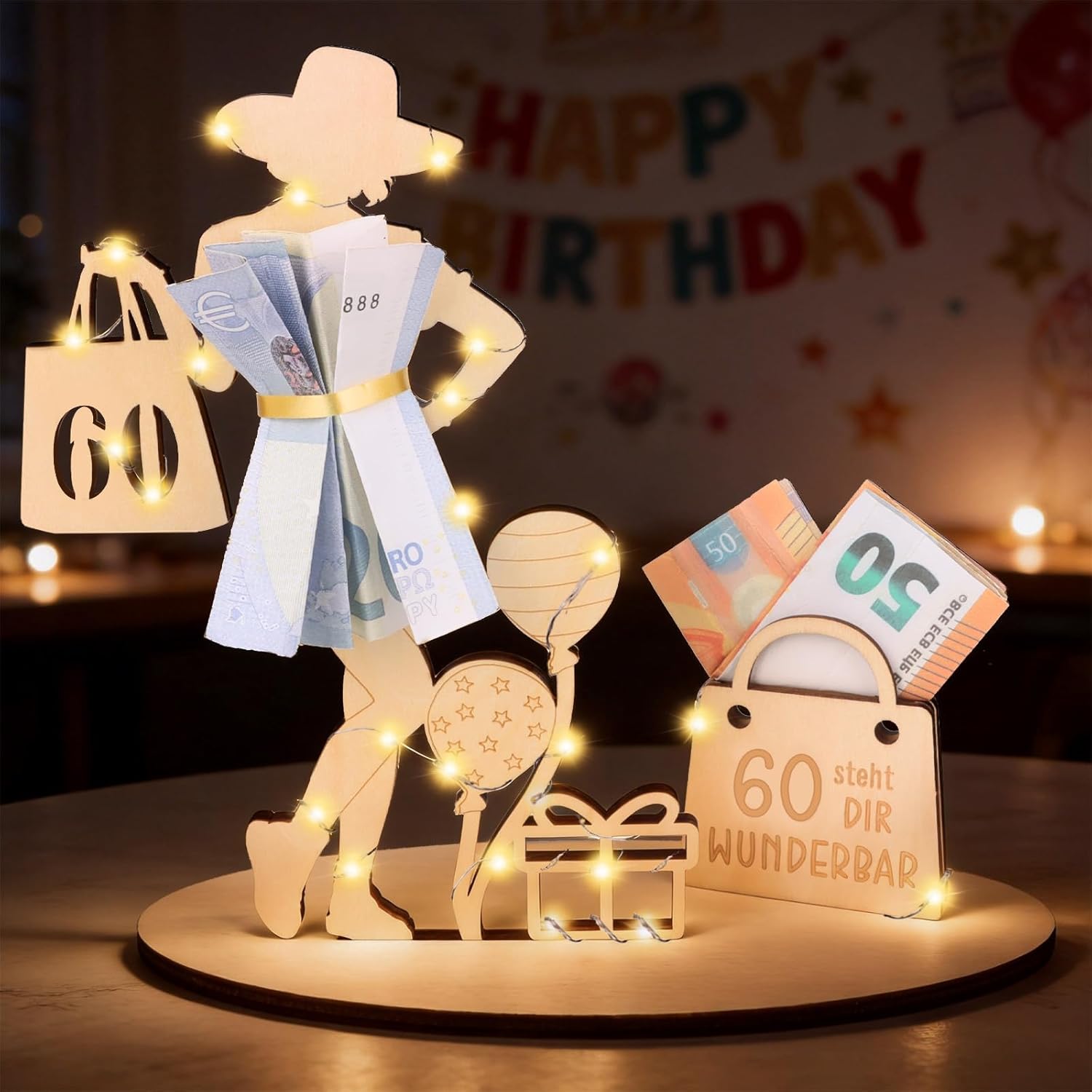 Money Gifts Birthday 60th Birthday Woman with LED Fairy Lights Stand, Wooden Sign Guest Book, 60th Birthday Woman Decoration, Personalised Gift, Wedding Table Decoration Anniversary