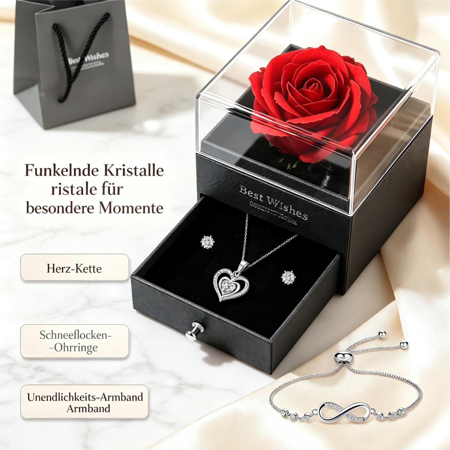 Eternal Rose Jewellery Set, Heart Silver Chain Earrings Bracelets Gift Box with Greeting Card & Gift Bag, Surprise & Much Love, Mother's Day, Valentine's Day, Birthday, Unforgettable Gift for Women – Bild 4