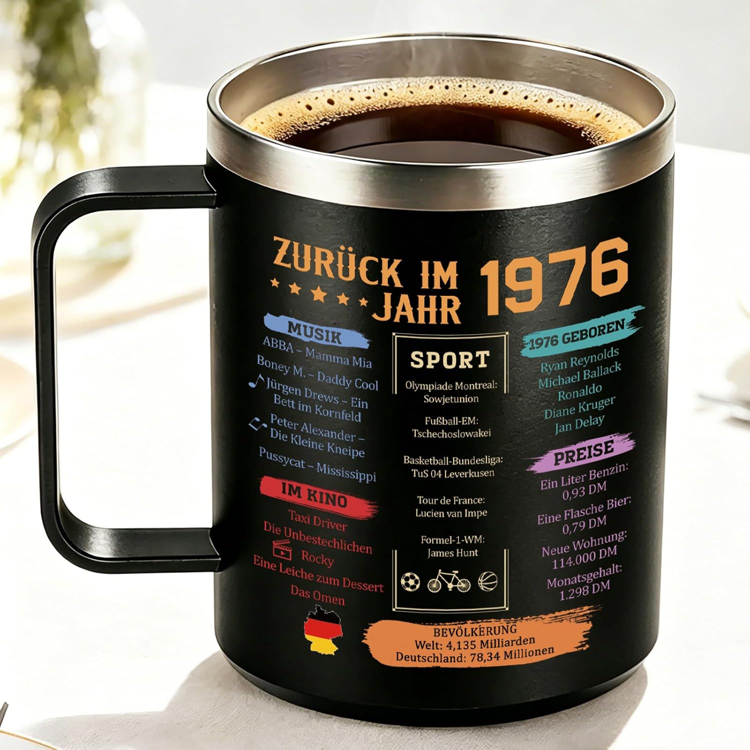 TUZELIYA Thermal Mug 450 ml Stainless Steel 50th Birthday Gift Man & Woman, 1976 Vintage Gift, Funny Birthday Gift for Men, Dad, Mother, Colleague, Boyfriend, Colleague for Birthday, Black – Bild 4