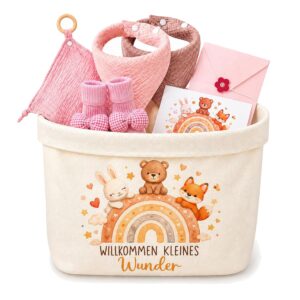Baby Gift Set Girls Newborn Gift Box 7-Piece Nappy Bag Cuddly Cloth Teether Bib Socks Greeting Cards Envelope Gift for Birth Baby Shower Baby Set for Girls (Pink)