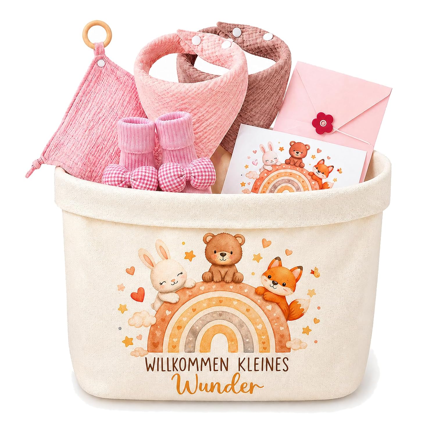 Baby Gift Set Girls Newborn Gift Box 7-Piece Nappy Bag Cuddly Cloth Teether Bib Socks Greeting Cards Envelope Gift for Birth Baby Shower Baby Set for Girls (Pink)