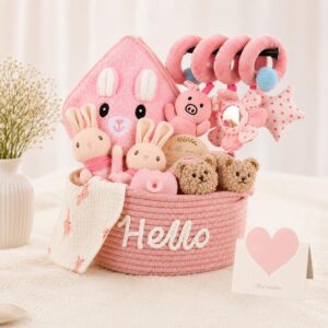 Baby Gift Girl for Birth, 11-Piece Newborn Gift for Girls with Hooded Towel, Rattle, Pram Toy and Storage Basket, Perfect Baby Shower Gift for Girls