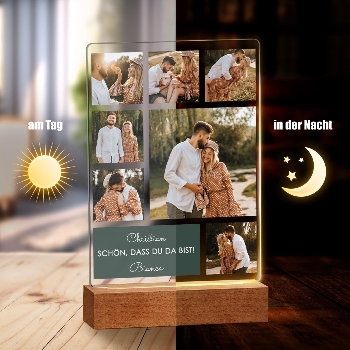Maverton Illuminated LED Frame with Wooden Stand – Personalised Acrylic Glass Picture with Own Photo with LED Lighting – Glass Photo for Men for Birthday – Size: 15 x 24 x 4.5 cm – Collage – Bild 6