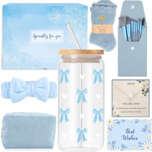 Gifts for Girls Teenagers 8 9 10 11 12 13 14 15 16 Years Birthday Gift Girls Glass Cup Drinking Glass with Straw and Lid Makeup Brush Cosmetic Bag Necklace Socks Headband Things