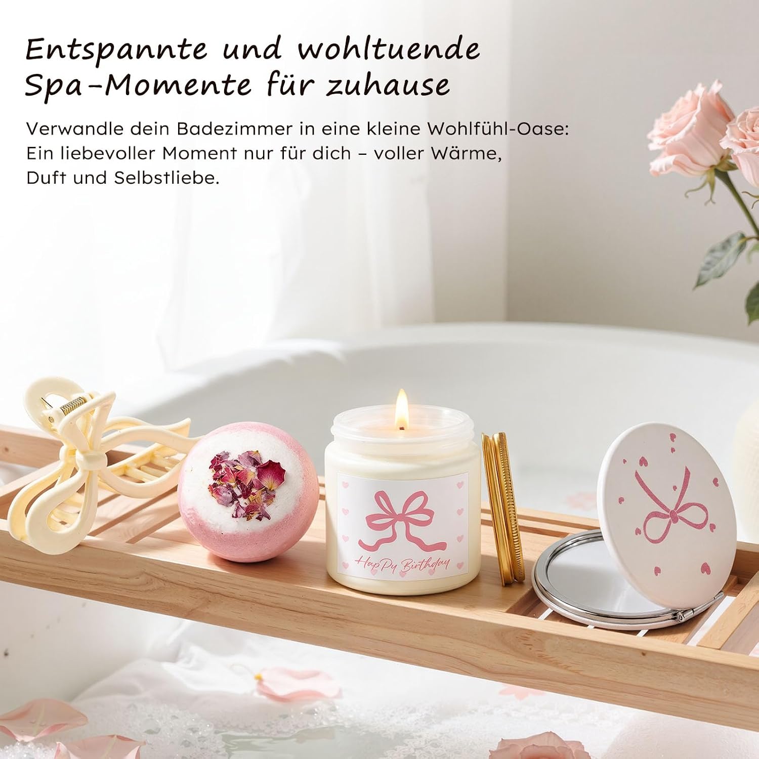 Luxury Birthday Gift for Women - Pink Bows Gift Box as Elegant Wellness Gift Set with Scented Candle, Bath Bomb, Glass Cup & Selected Beauty Accessories – Bild 4