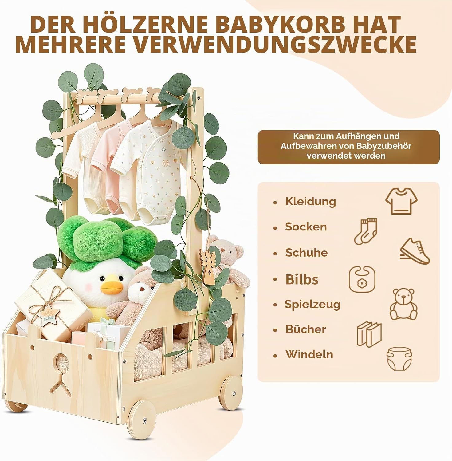 Baby Shower Gift with Wooden Baby Basket on Wheels, Baby Gift Basket with Handle, Wooden Changing Basket, Baby Basket with Bear, Doll Hangers, Decorative Leaves and Angel Day for Newborns – Bild 4