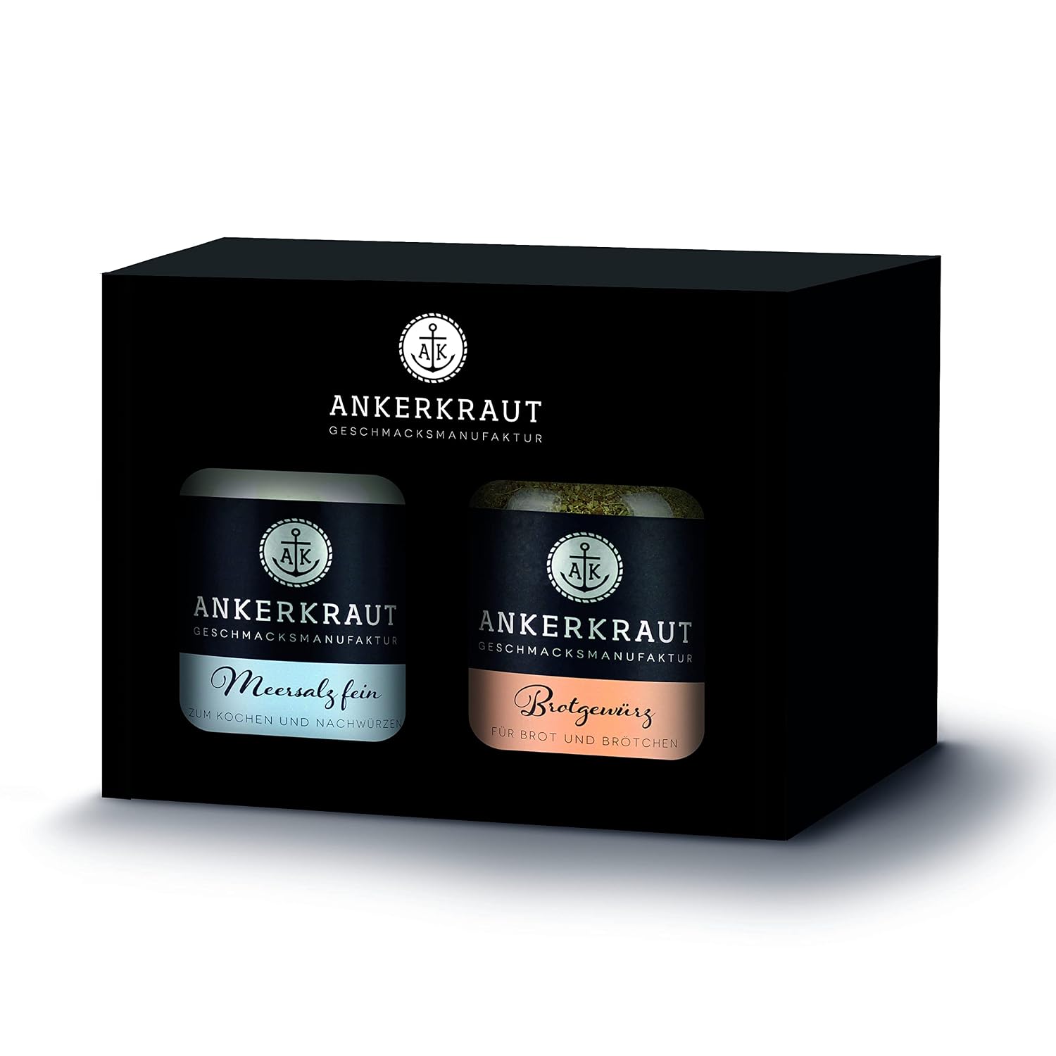 Ankerkraut Housewarming Gift Box of 2, Gift for Housewarming of Bread Spice and Sea Salt Fine, in Cork Glass