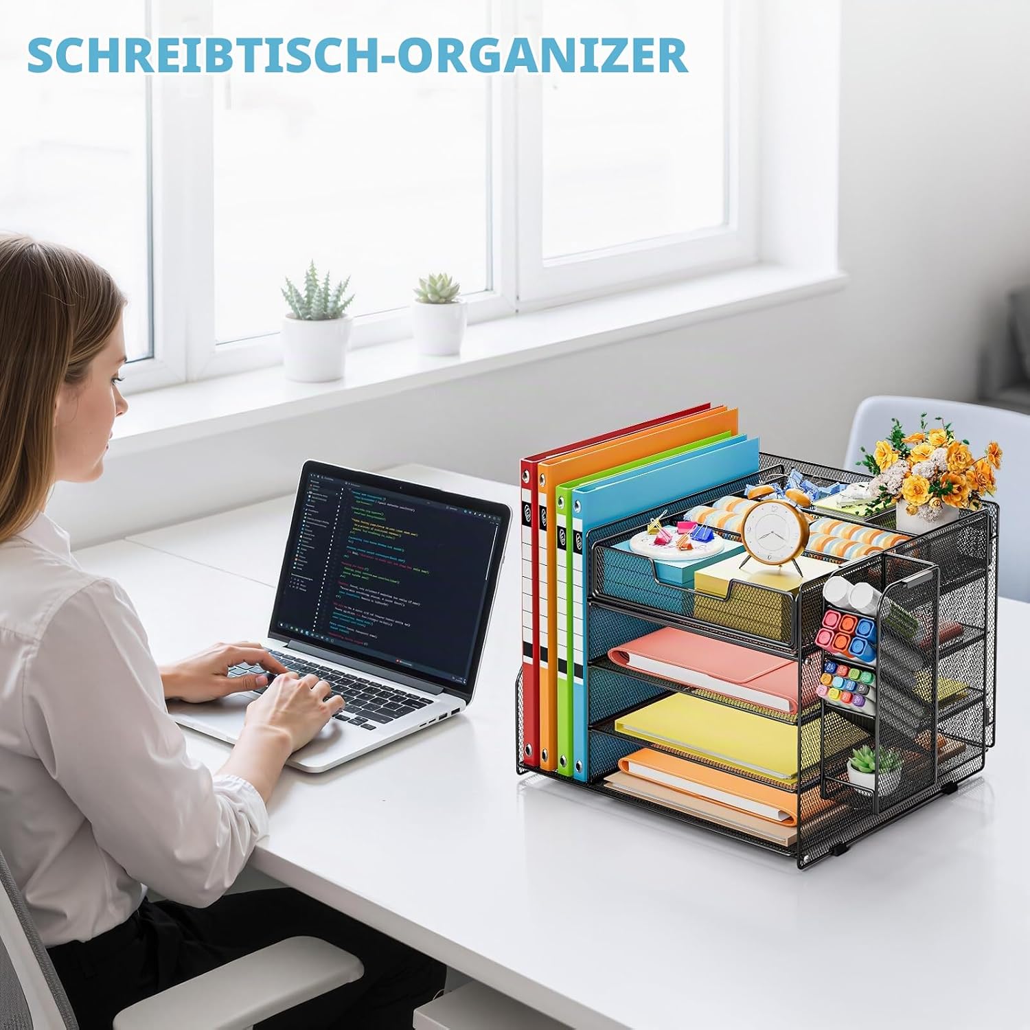 Marbrasse Desk Organiser with File Holder, 4-Tier Letter Tray Storage Compartments, Compartment Drawers, Hanging Pen Holder, Mesh Desk Paper Shelf for Home, Office, Supplies, Document Tray (Black) – Bild 9