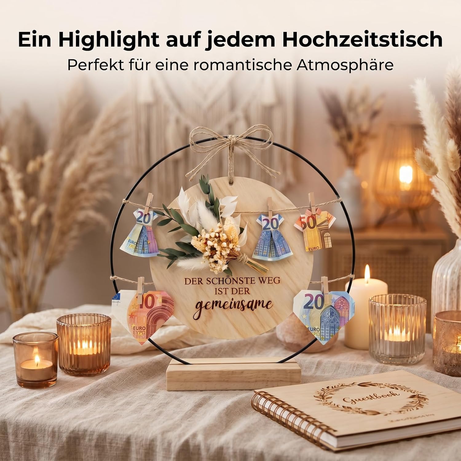 Wedding Money Gift - Creative Money Gifts for Bride and Groom Made of Wood & Metal Ring, Boho Wedding Gift with Eucalyptus and Saying "Der schönste Weg ist der gemeinsame", Money Packaging – Bild 7
