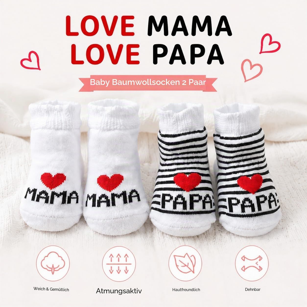 Distinct Baby Cotton Socks Cute Socks I Love Mum + I Love PaPa Newborn Toddler Baby Sock Boys Girls Cotton Small Socks Gift (2 Pairs) – Bild 3