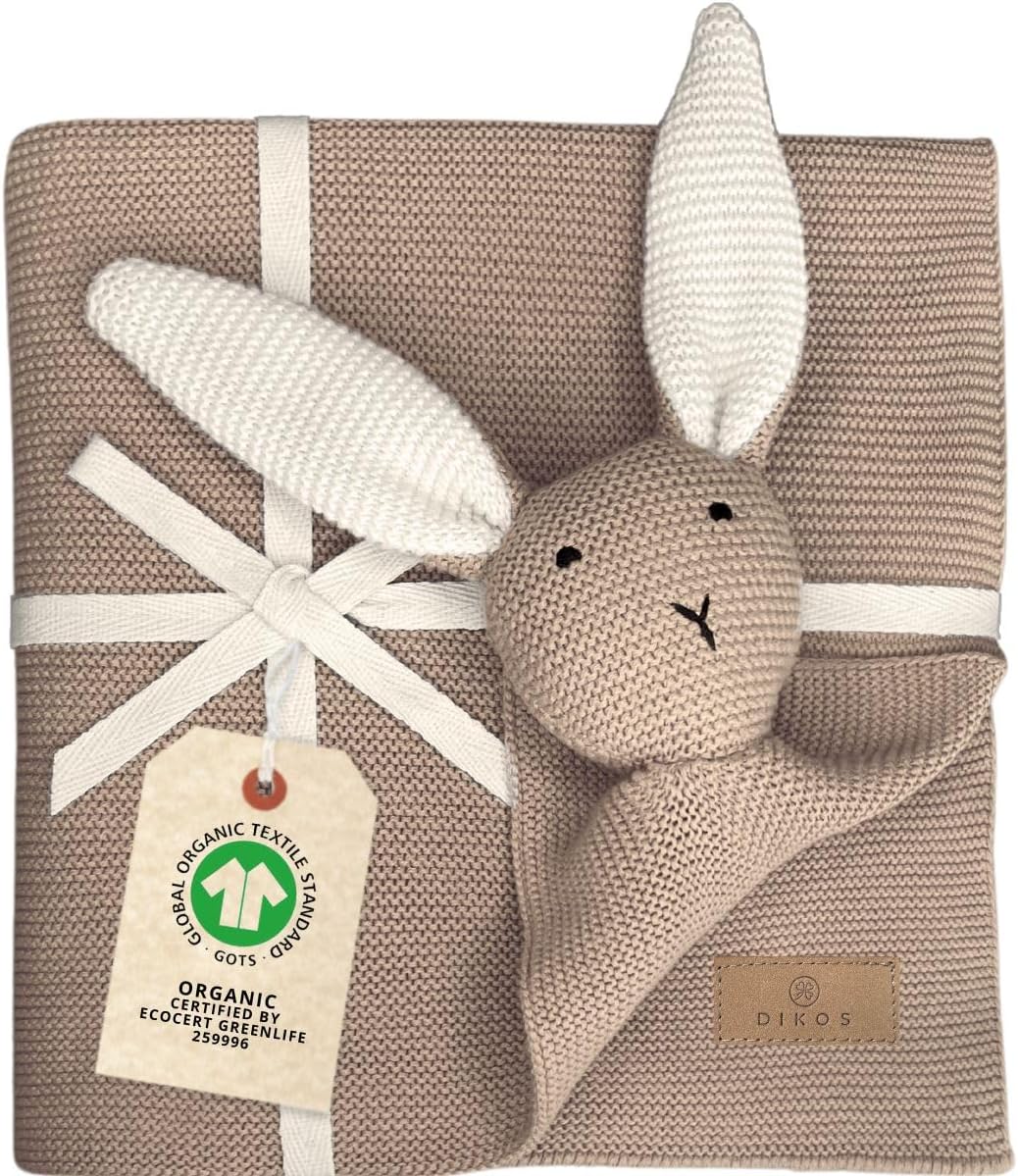 DIKOS® Original Baby Blanket Cuddly Rabbit Cappuccino 100% Organic Cotton Newborn Blanket Cuddly Blanket Knitted Blanket Girl/Boy Cuddly Blanket Baby First Essentials Gift at Birth