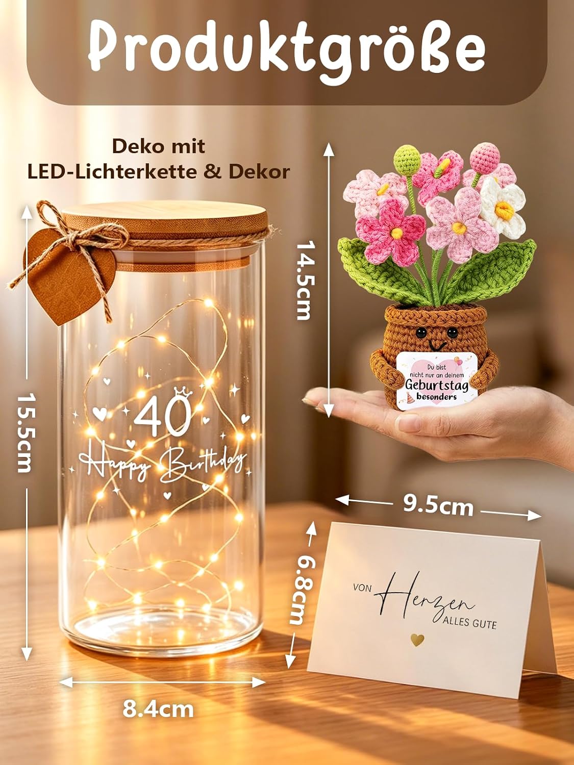 Gift 40th Birthday Women LED Bottle Light with Knitted Flower – Bild 2