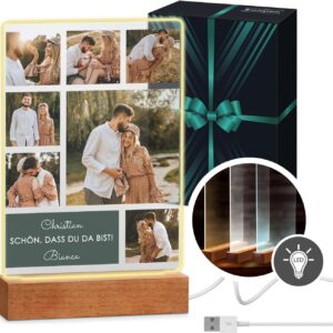 Maverton Illuminated LED Frame with Wooden Stand – Personalised Acrylic Glass Picture with Own Photo with LED Lighting – Glass Photo for Men for Birthday – Size: 15 x 24 x 4.5 cm – Collage
