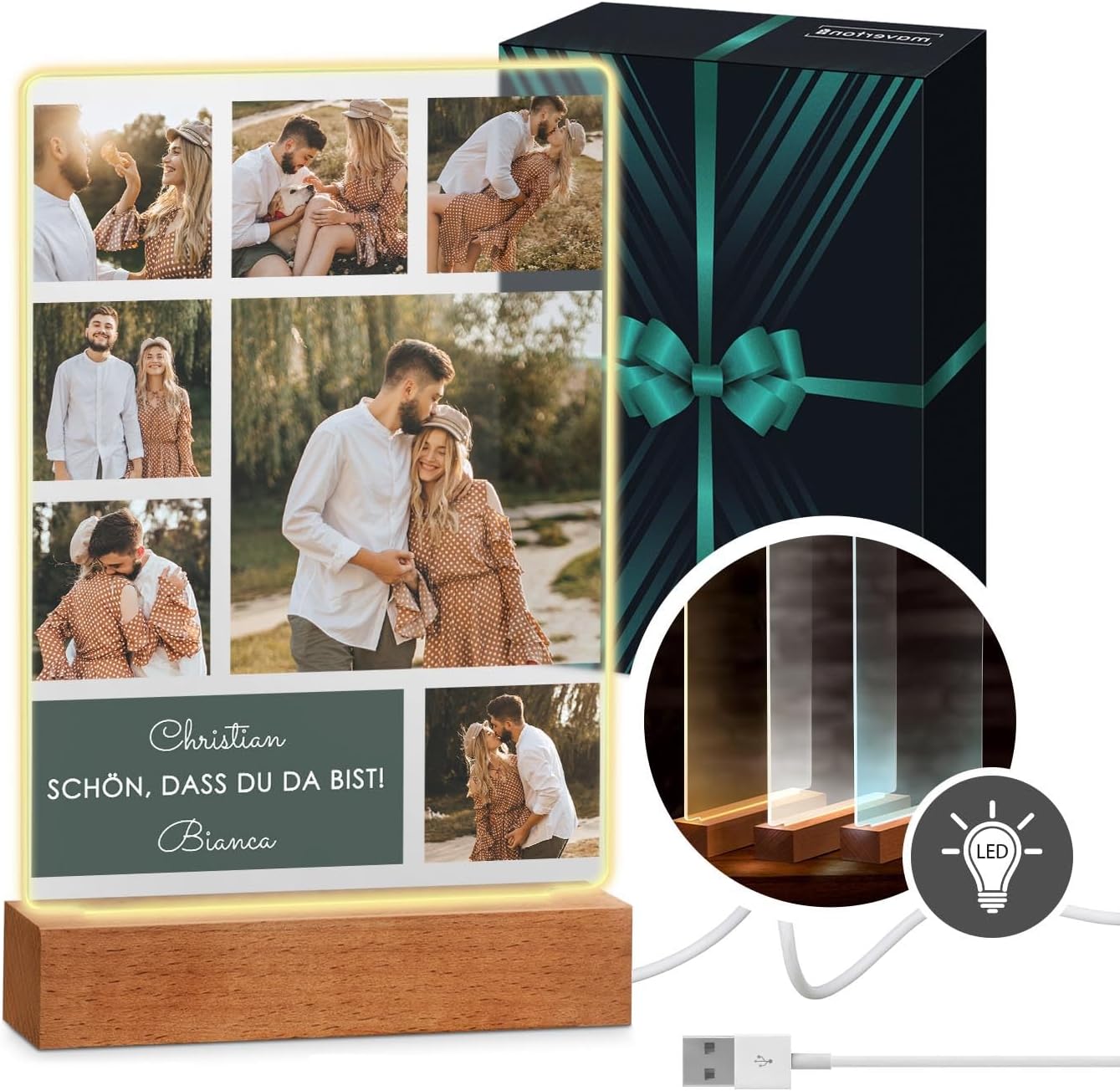 Maverton Illuminated LED Frame with Wooden Stand – Personalised Acrylic Glass Picture with Own Photo with LED Lighting – Glass Photo for Men for Birthday – Size: 15 x 24 x 4.5 cm – Collage
