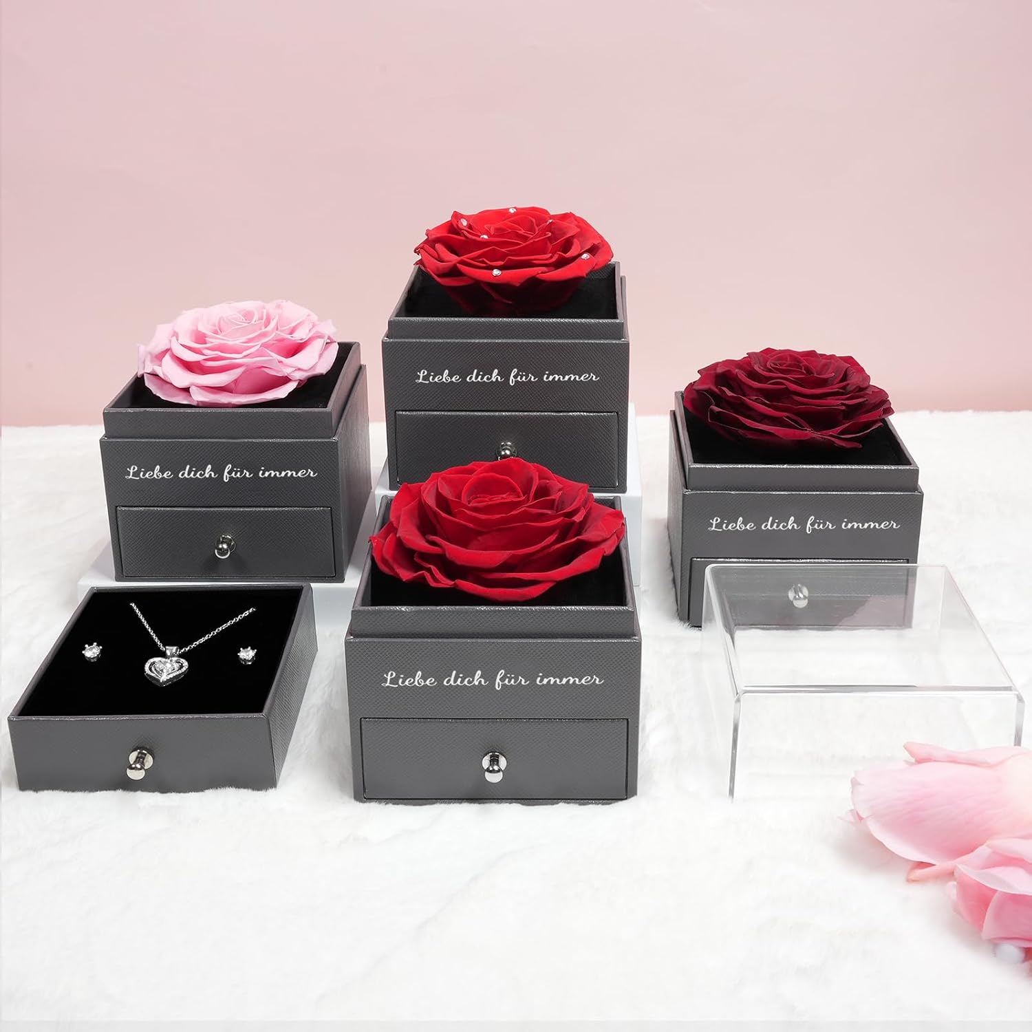 Sunia Eternal Real Rose with Heart Necklace and Earrings Made of 925 Sterling Silver, Gifts for Women, Girlfriend, Mum, Grandma, Infinity Roses, Birthday, Christmas, Valentine's Day, Mother's Day, Eternal Rose with Chain – Bild 7