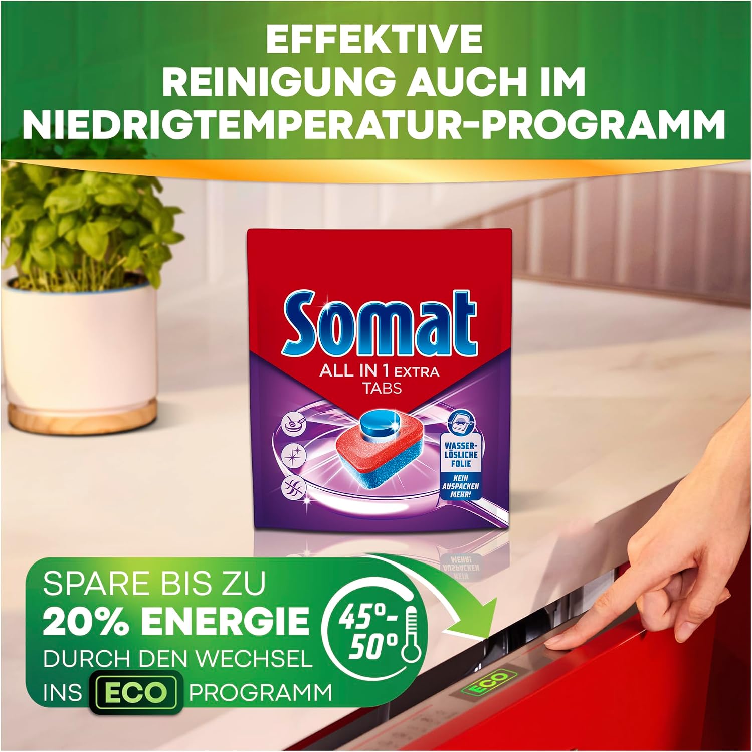 Somat All in 1 Extra Dishwasher Tablets (4 x 92 AW), Dishwasher Tablets for Radiantly Clean Dishes, Even in Low Temperature, Short & Eco Programs, Removes Crusted Items, Provides Brilliant Shine – Bild 8