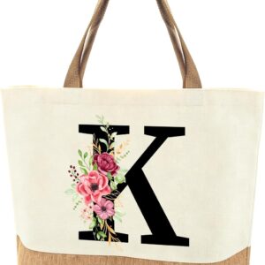 Personalised Initials Jute Bag for Women, Large Beach Bag with Letter and Flowers, Jute Shopper Bag, Women’s Fabric Bag, Gifts for Women, Mum, Colleague, Girlfriend for Birthday, Wedding