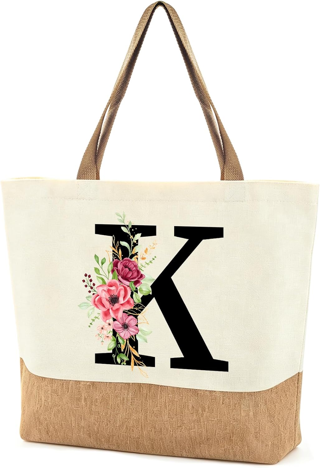 Personalised Initials Jute Bag for Women, Large Beach Bag with Letter and Flowers, Jute Shopper Bag, Women's Fabric Bag, Gifts for Women, Mum, Colleague, Girlfriend for Birthday, Wedding