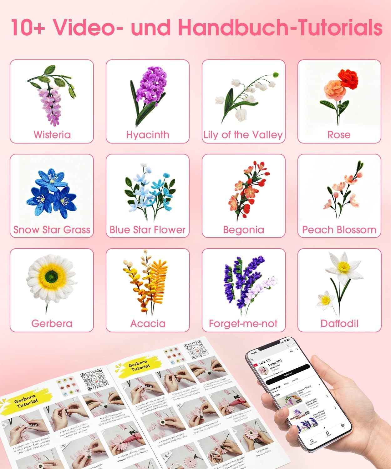 550 Pieces Pipe Cleaners Flower Set, 9 Colours Pipe Cleaners for Crafts with Ribbon, Tape, Stamens, Flower Wire, Flower Paper, Instructions & Video Tutorial for Creative DIY – Bild 2