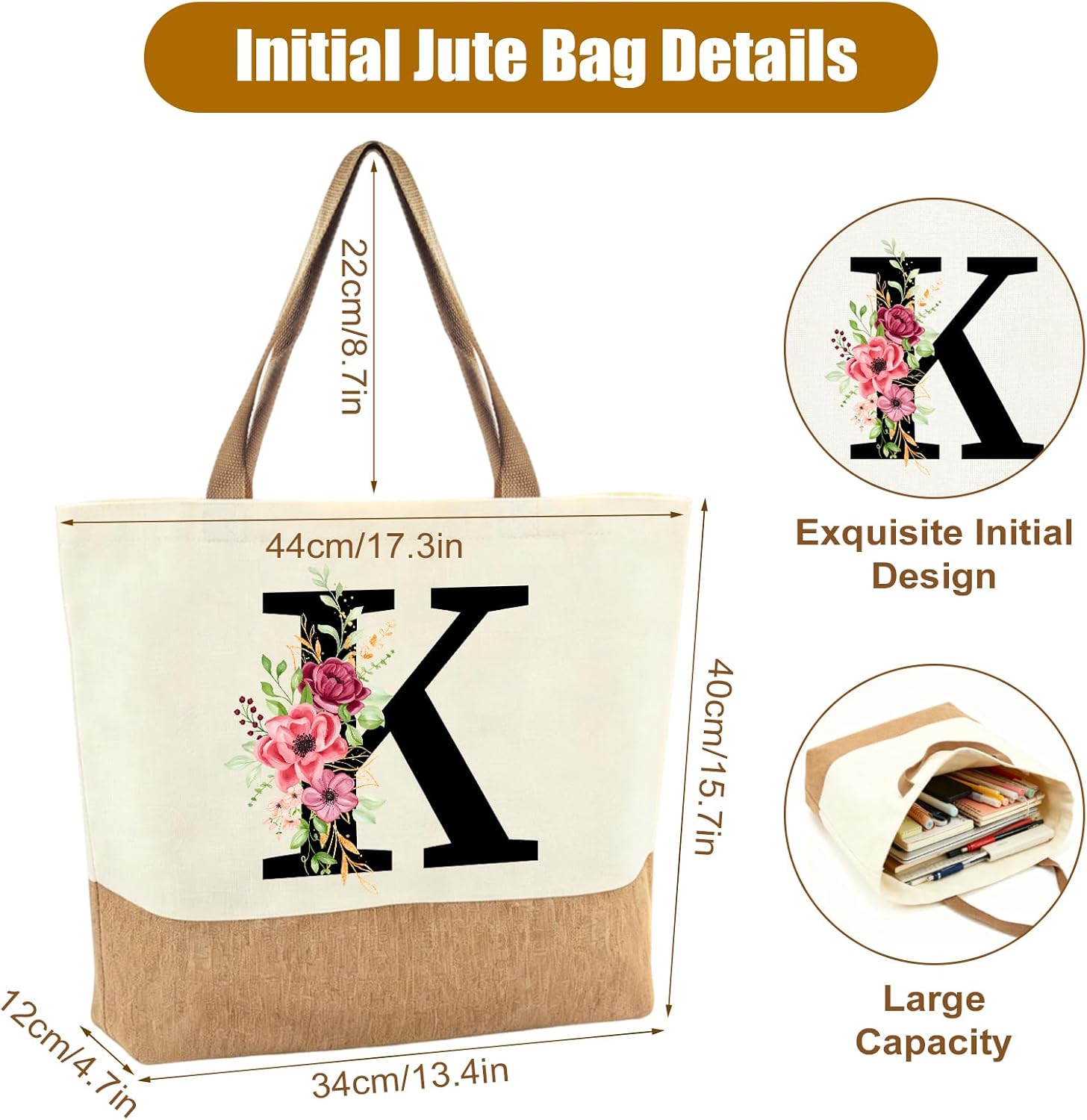 Personalised Initials Jute Bag for Women, Large Beach Bag with Letter and Flowers, Jute Shopper Bag, Women's Fabric Bag, Gifts for Women, Mum, Colleague, Girlfriend for Birthday, Wedding – Bild 4