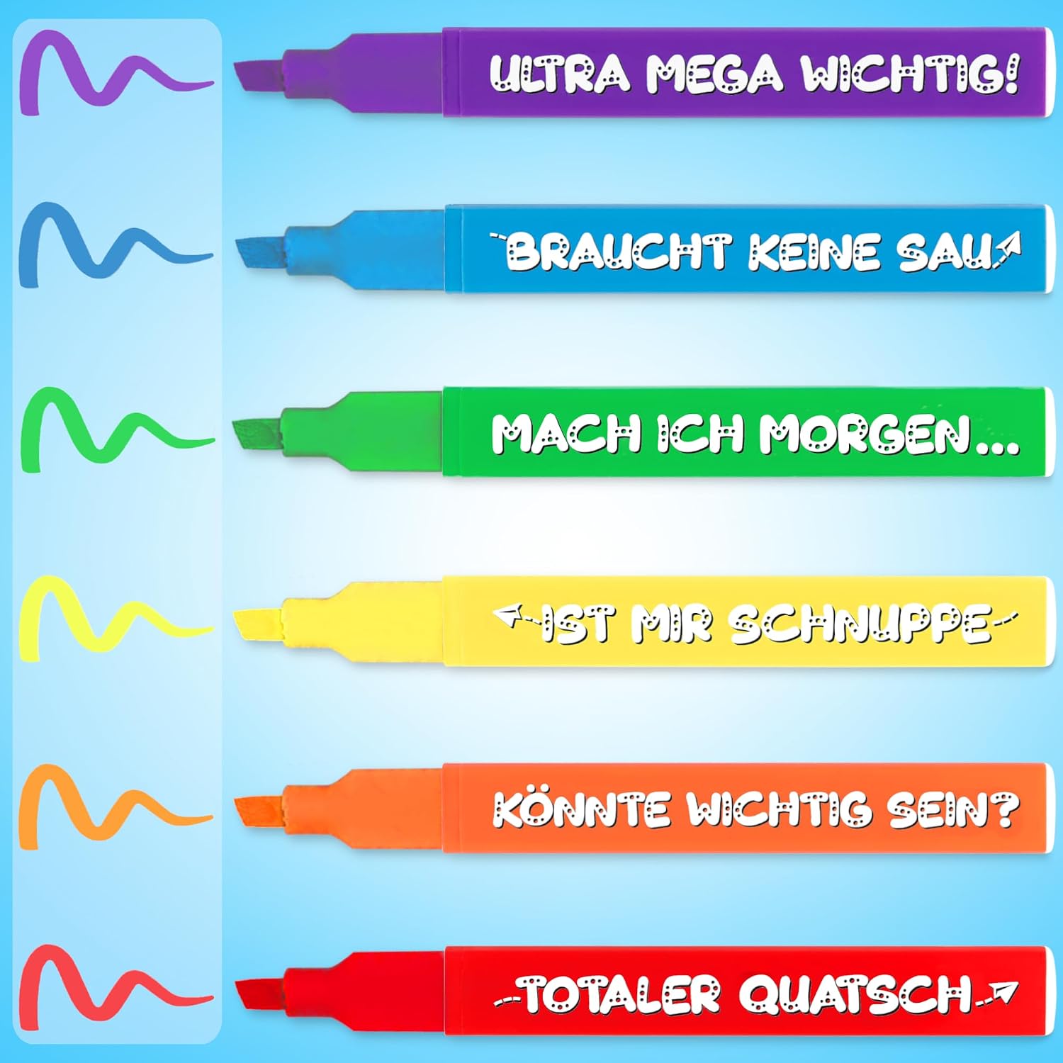 MACH MAL PAUSE® 6 x Funny Highlighters - Colourful Marker Set with Sayings - Gift for Students Students Children Teachers Colleagues Boss - Funny Highlighter Anti-Stress Pens for School University Office – Bild 2