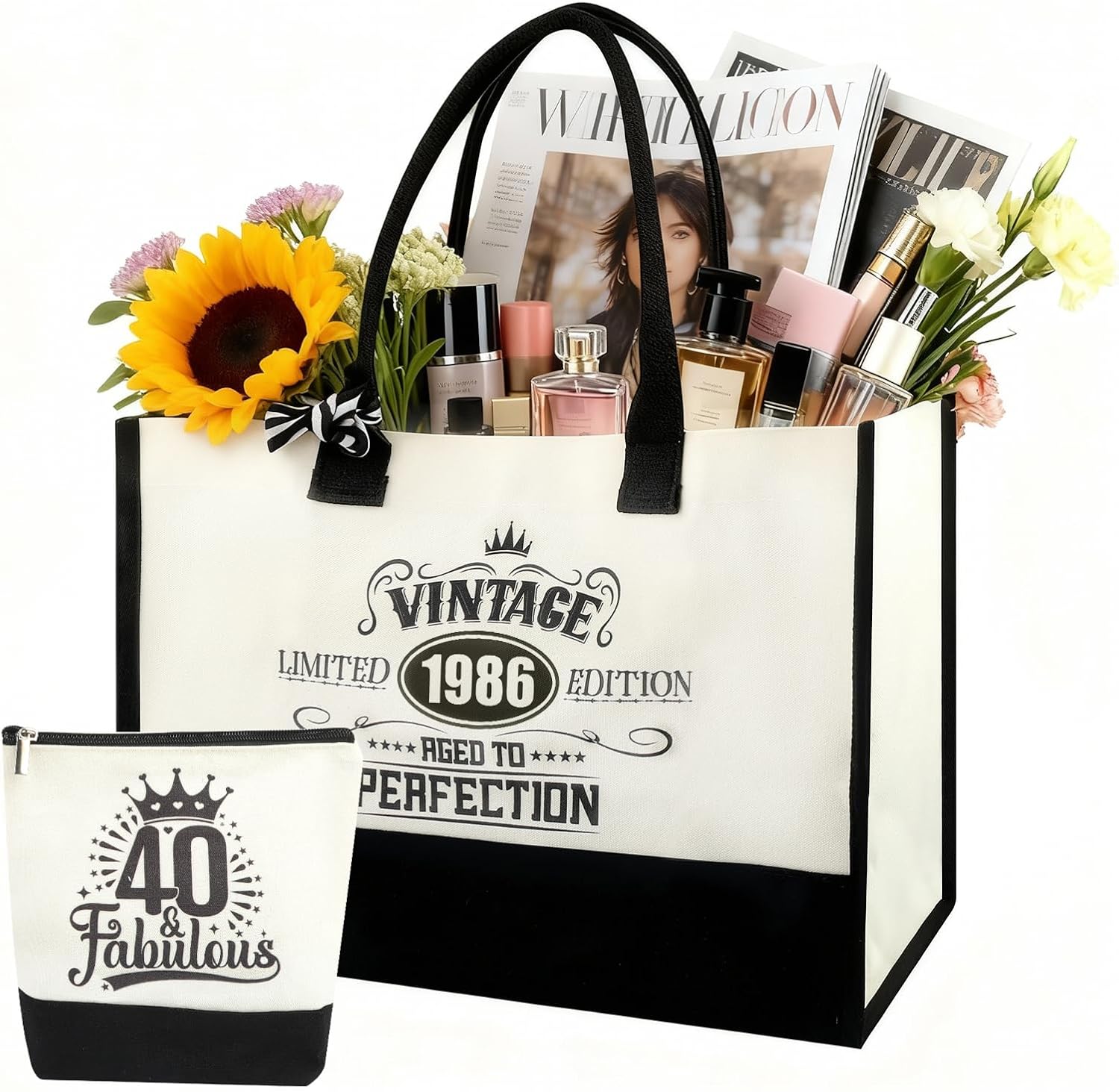 40. Geburtstag Geschenkset für Frauen, Vintage 1986 Canvas Tragetasche Set