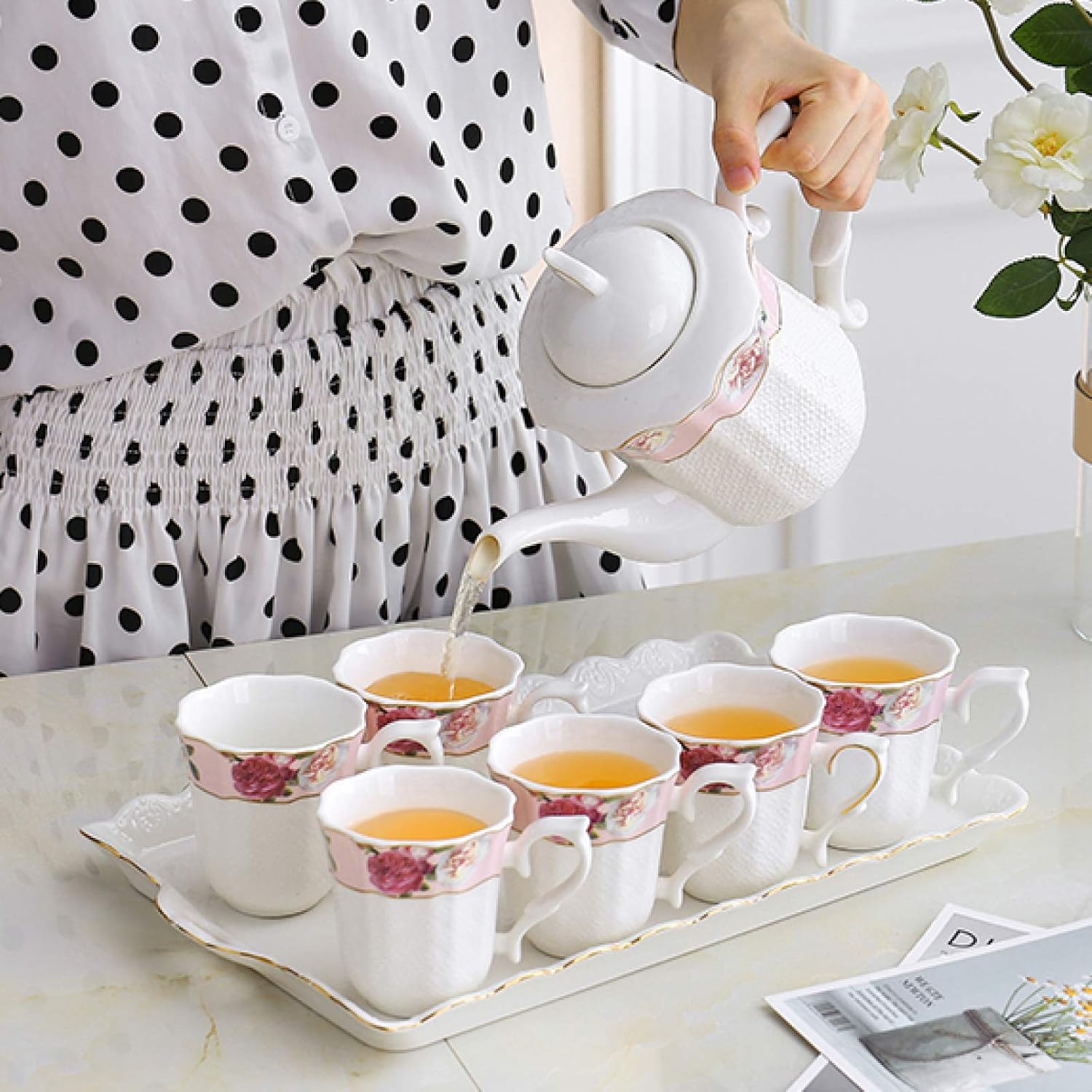 Ceramic Tea Set, Coffee Service from China, Tea Set, Vintage Floral Tea Set, 6 Tea Cups, Tea Cup and Saucer Gift Set for Tea, Coffee, Afterlife – Bild 5