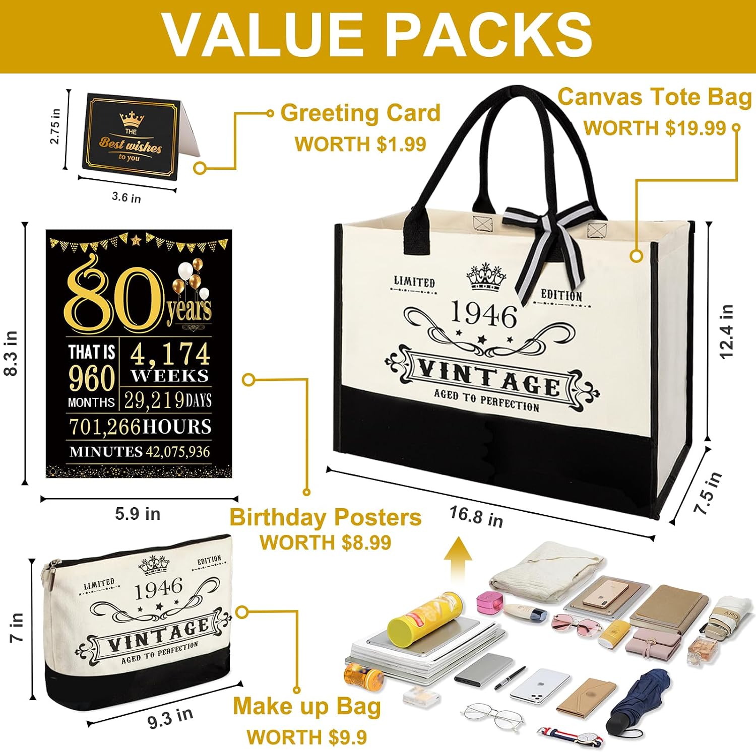 80th Birthday Gift for Women Vintage 1946 Tote Bag Makeup Bag – Bild 5