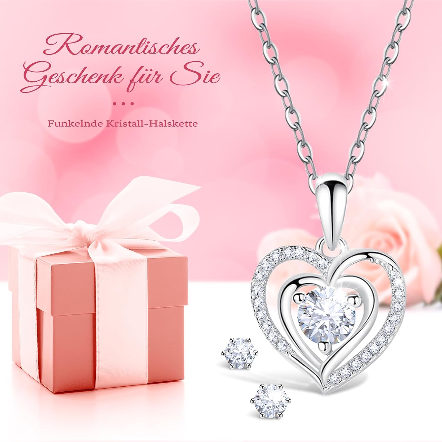 Sunia Eternal Real Rose with Heart Necklace and Earrings Made of 925 Sterling Silver, Gifts for Women, Girlfriend, Mum, Grandma, Infinity Roses, Birthday, Christmas, Valentine's Day, Mother's Day, Eternal Rose with Chain – Bild 3