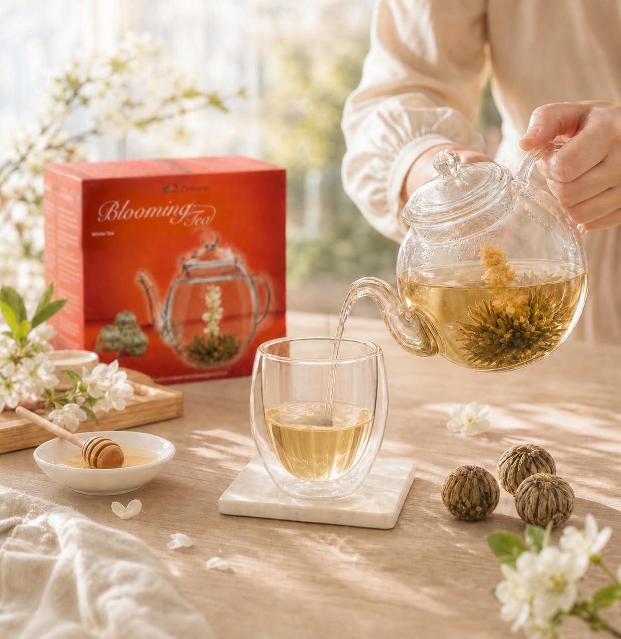 Creano Tea Flowers Gift Set, Blooming Tea with 500 ml Glass Jug and 6 x White Tea, Christmas Gift for Women and Tea Lovers – Bild 8