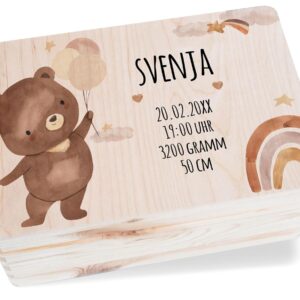 Wooden Baby Gift Box Wooden Box Baby – Personalised Keepsake Box for Birth | Cute Bear Motif with Rainbow | Gift for Birth or Christening | Gift for Newborns – 30 x 20 x 14 – Wood